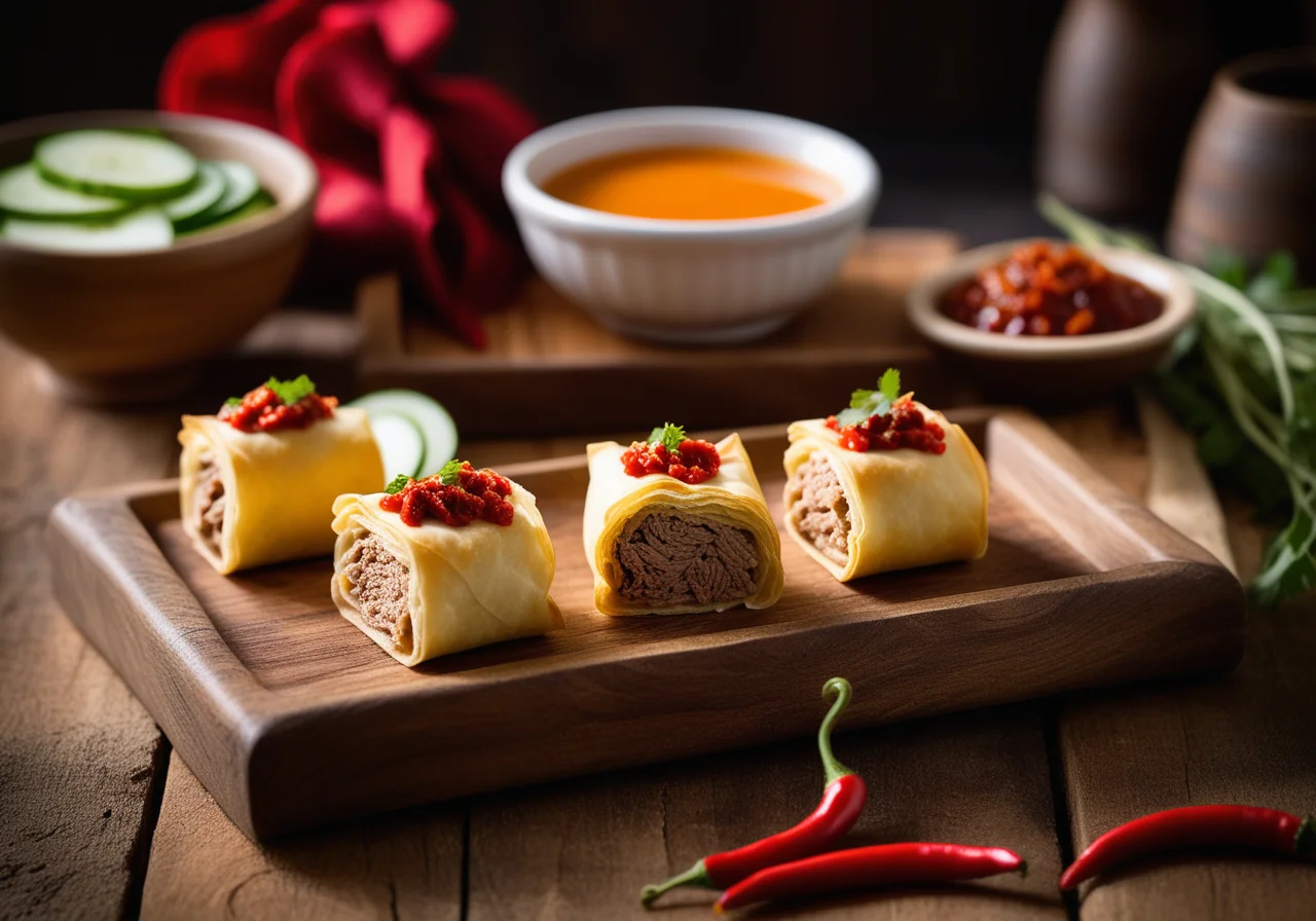 Mini Strudel with Meat Filling, Cucumber, and Spicy Dip