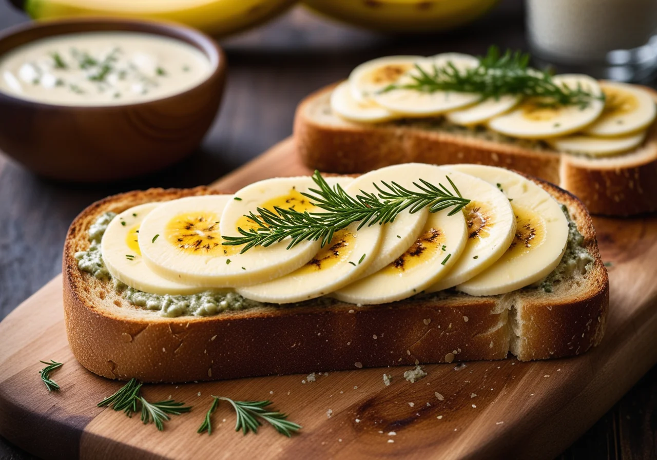Gratinierter Toast mit Bananen und Shrimps