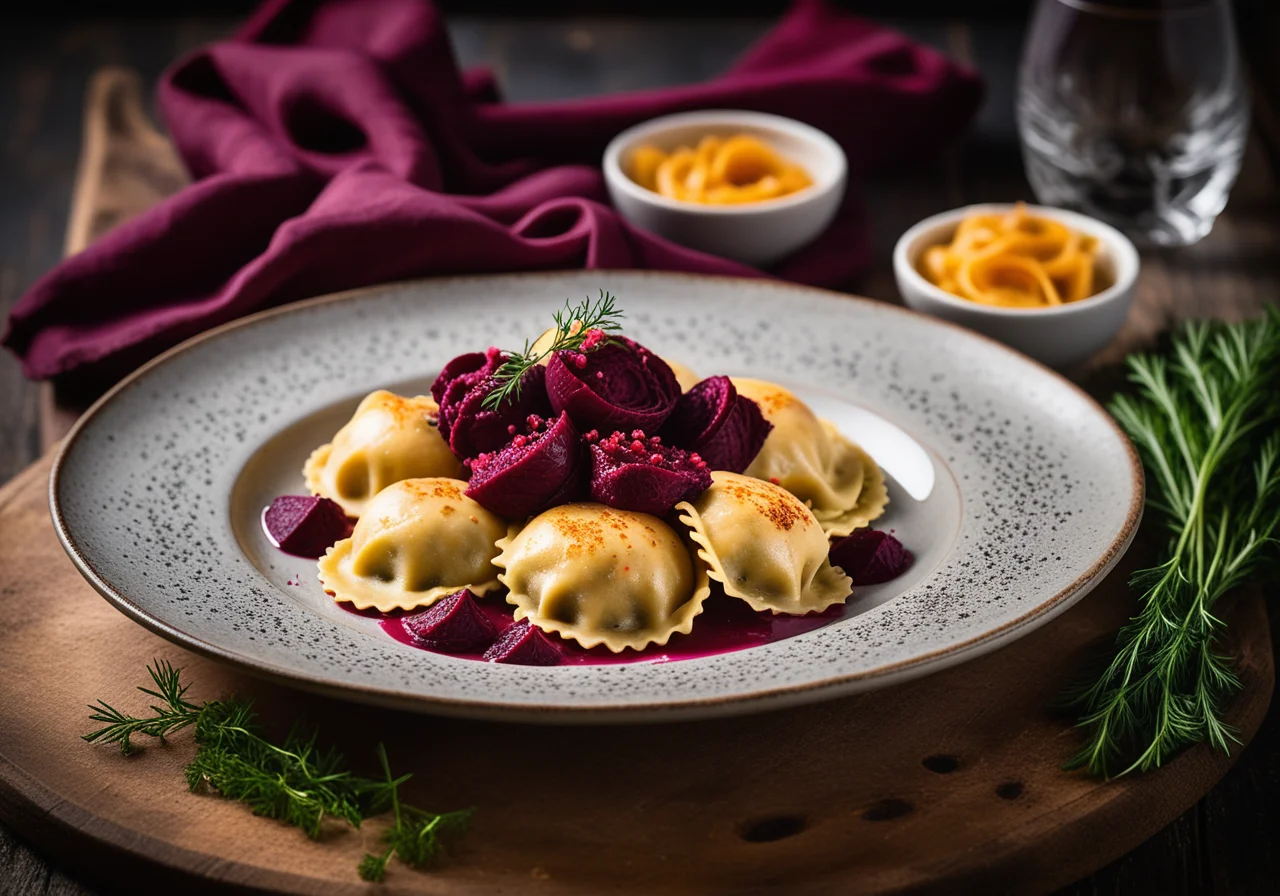 Filled Pasta with Trout and River Crab with Beetroot Sauce