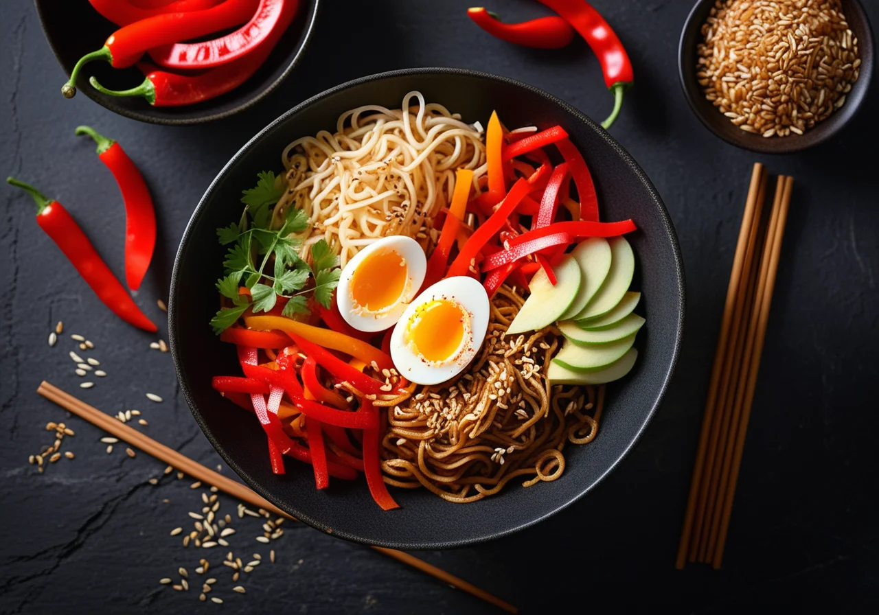 Noodle pan with sprouts and egg