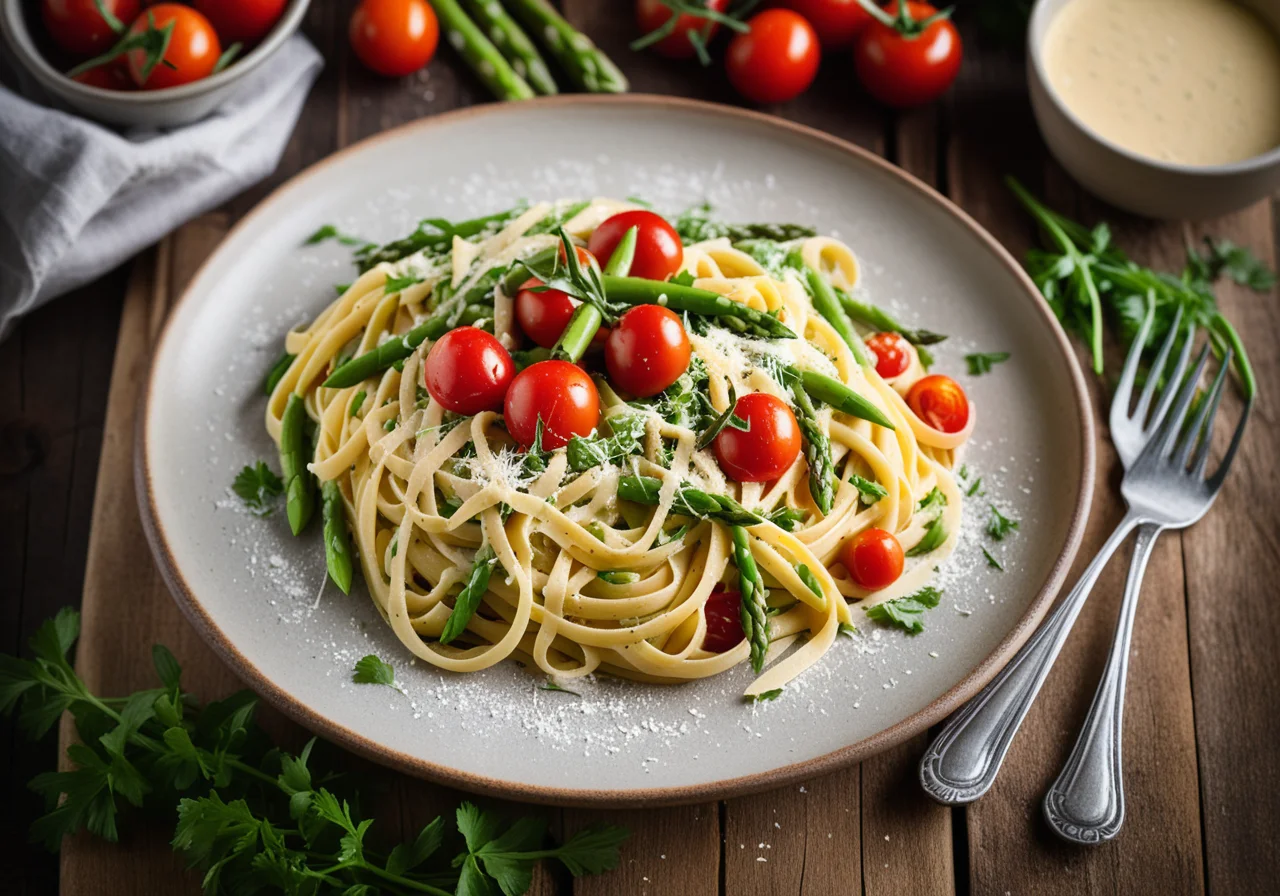 Pasta with Asparagus, Tomatoes and Pea Cream Sauce