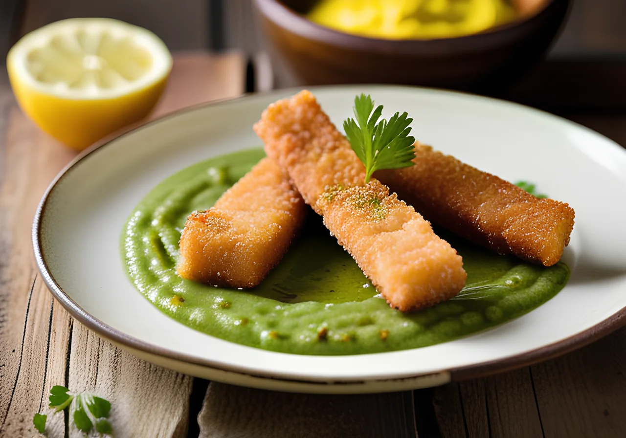 Homemade Fish Sticks with Pea Puree
