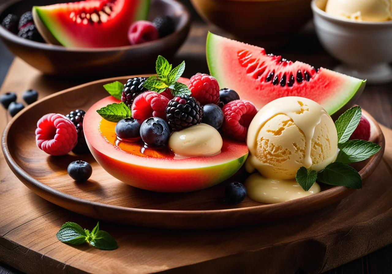 Grilled Honey Melon with Berries and Vanilla Ice Cream