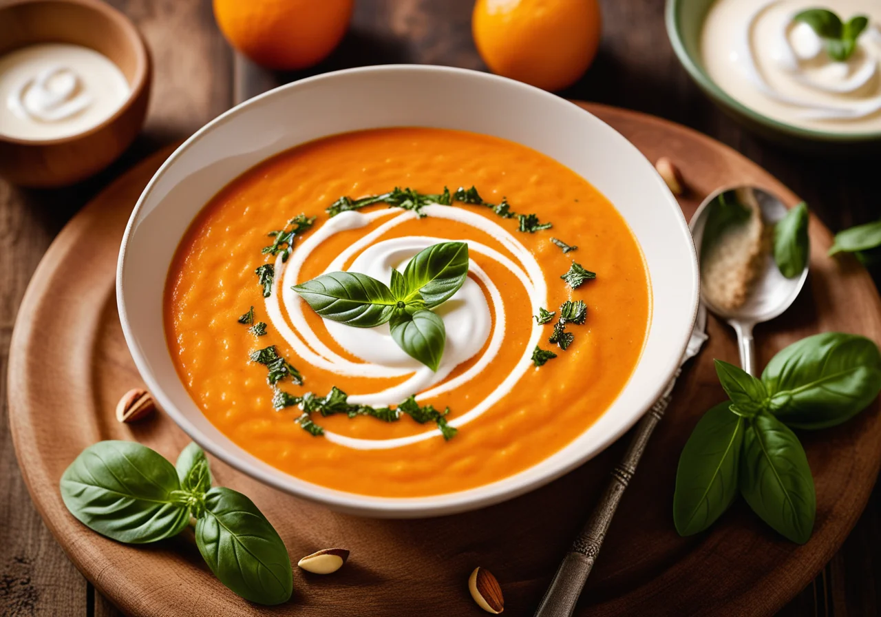 Paprika Cream Soup with Sour Cream and Pesto