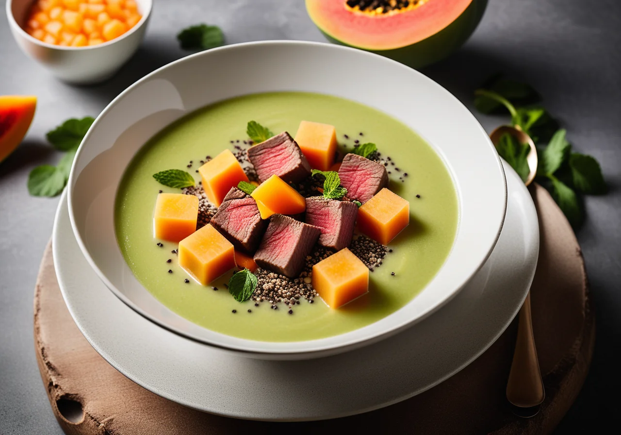 Melon Soup with Papaya and Beef Fillet