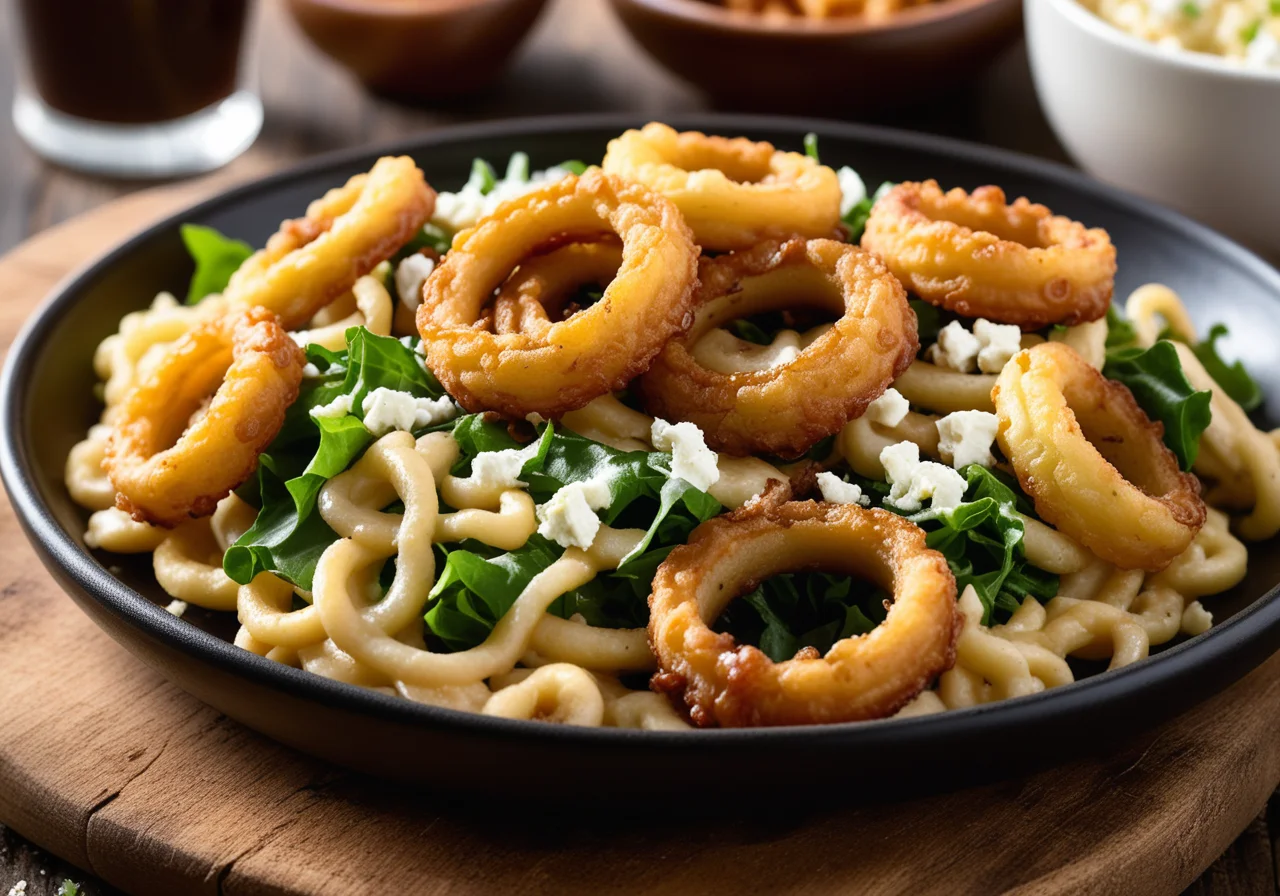Cheese Spätzle with Crispy Onions and Salad