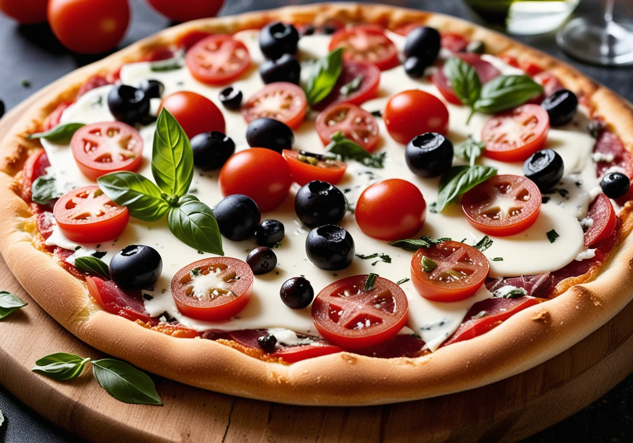 Pizza with Salami, Gorgonzola, Anchovies and Olives