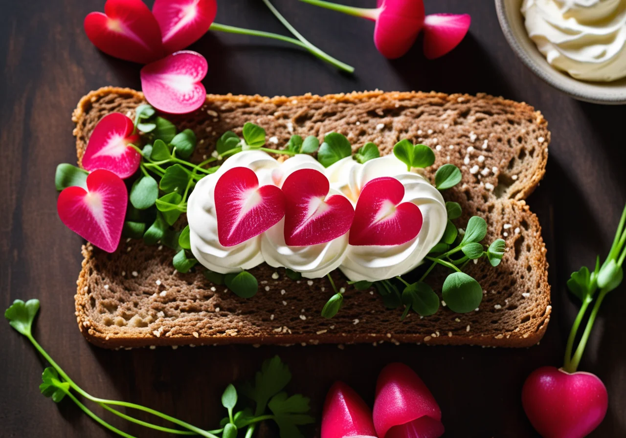 Heart-shaped bites with cream cheese, radishes and chives