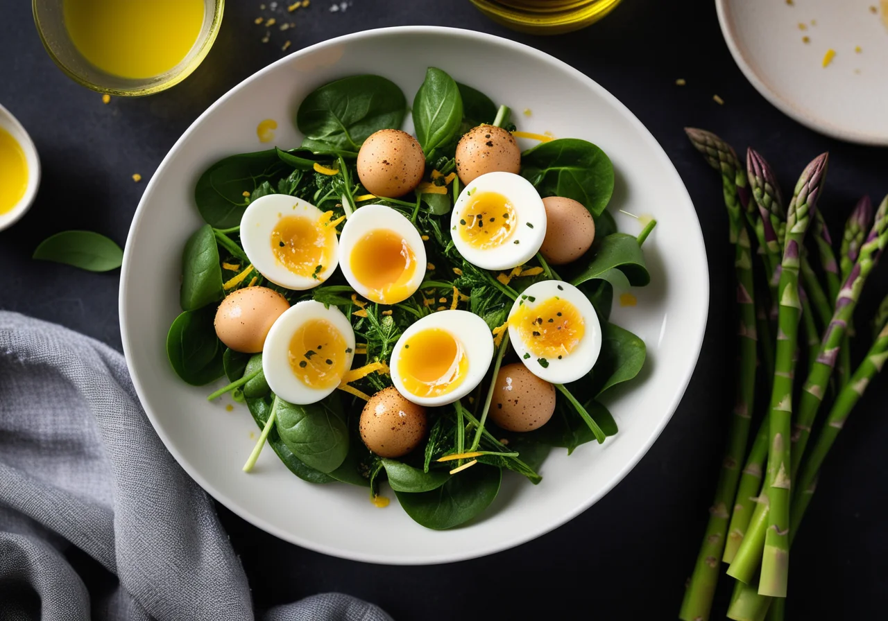 Green asparagus and spinach salad with quail eggs
