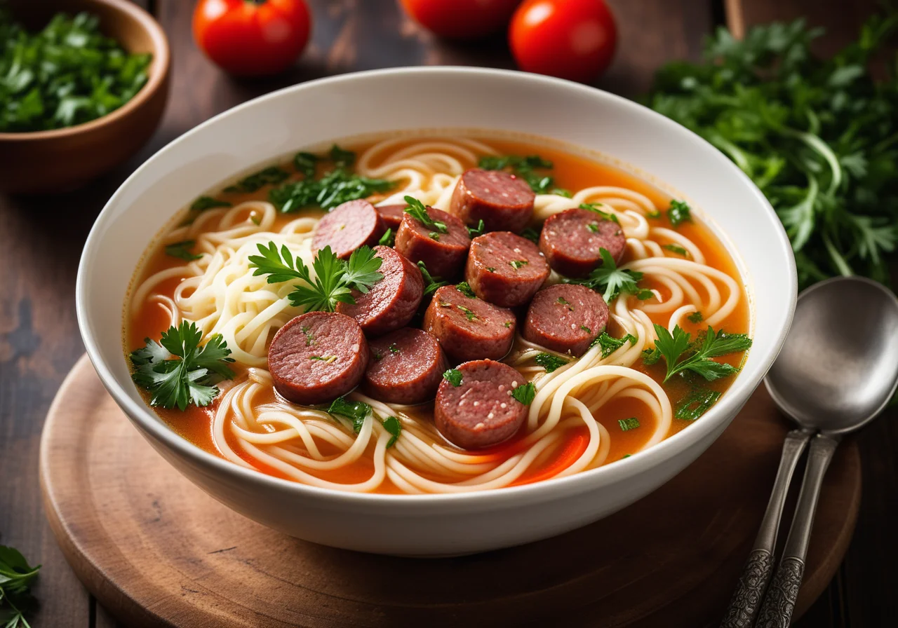 Noodle soup with spicy sausage (Salsiccia)