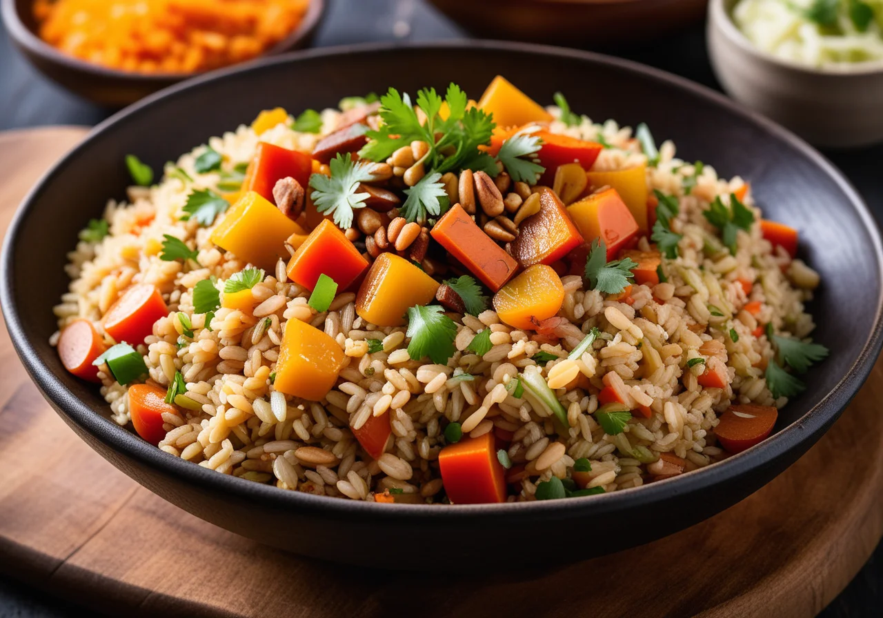 Rice with minced meat, vegetables and apricots