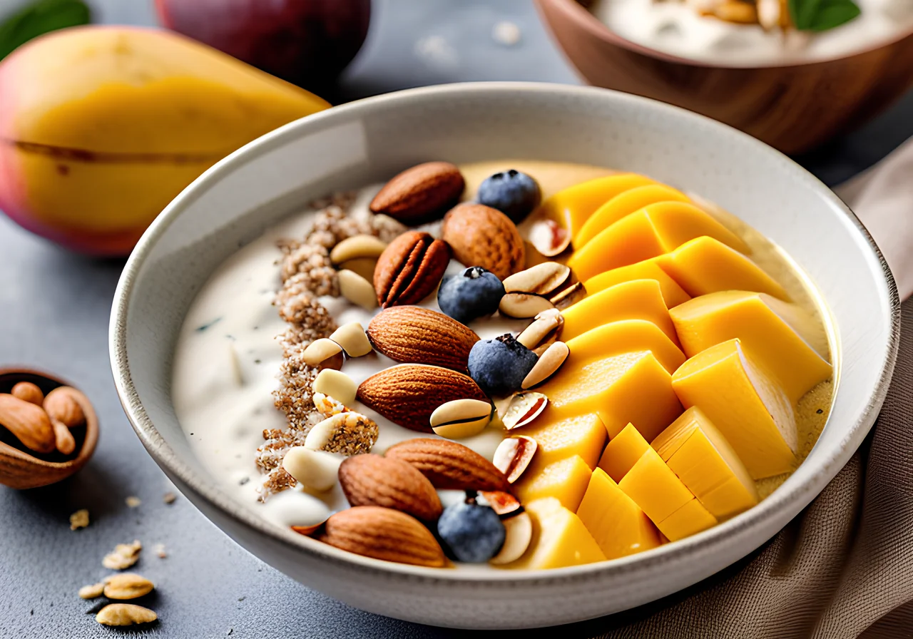 Smoothie Bowl with Mango, Nuts and Greek Yogurt