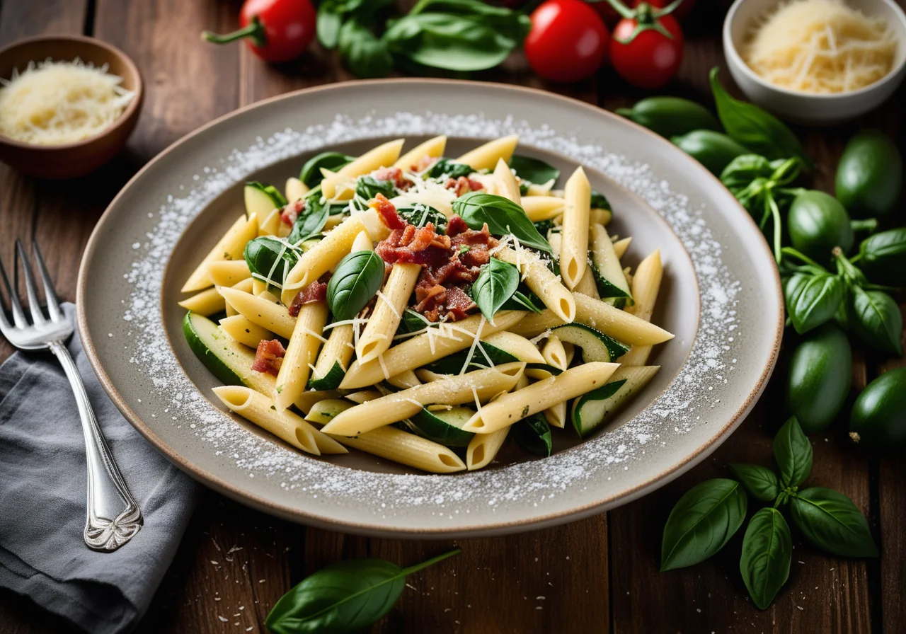 Pasta with Spinach, Zucchini and Air‑Dried Ham (Pancetta)
