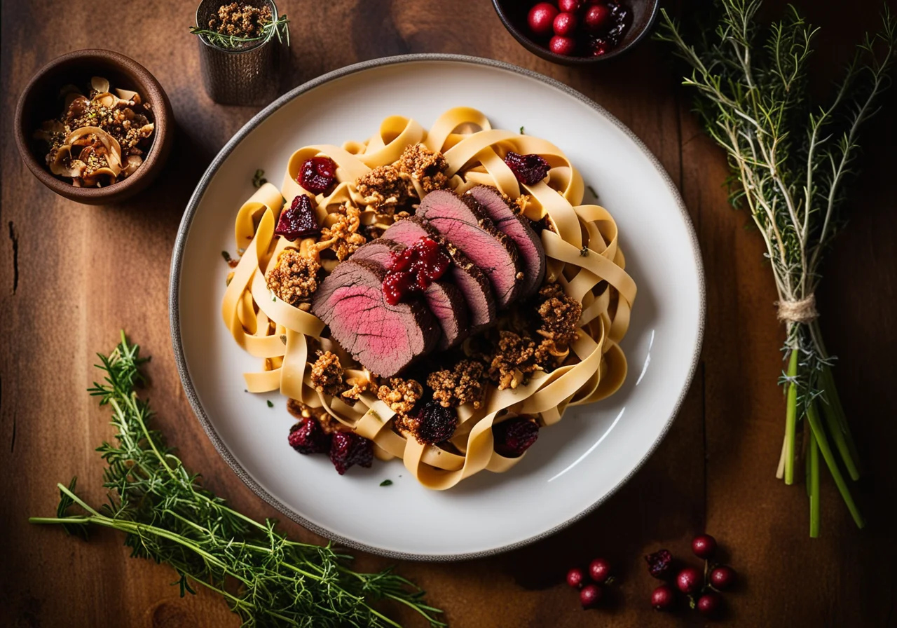 Venison Fillet with Lingonberry Chestnut Crumble