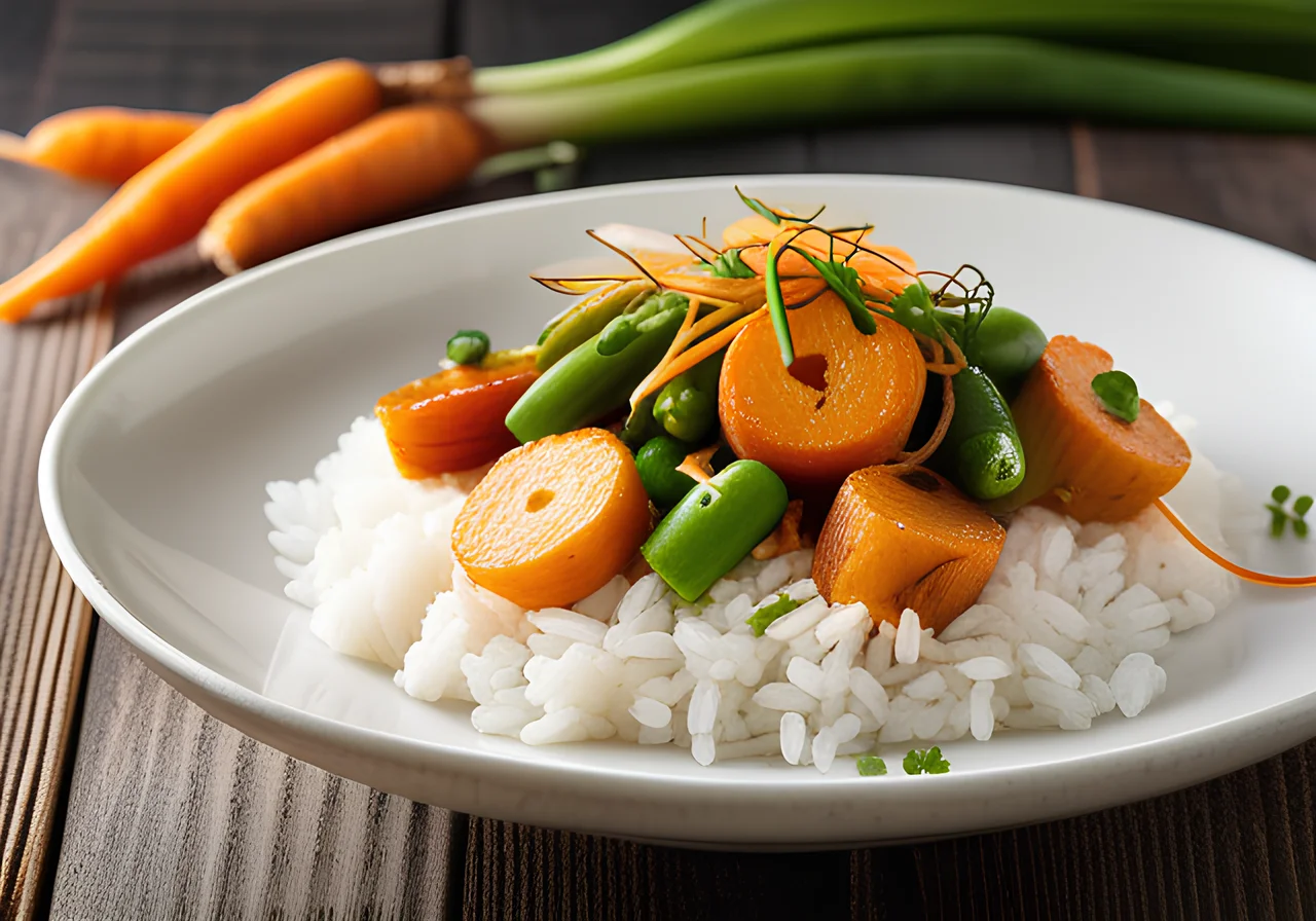 Rice Pan with Carrots, Sugar Snap Peas and Sprouts