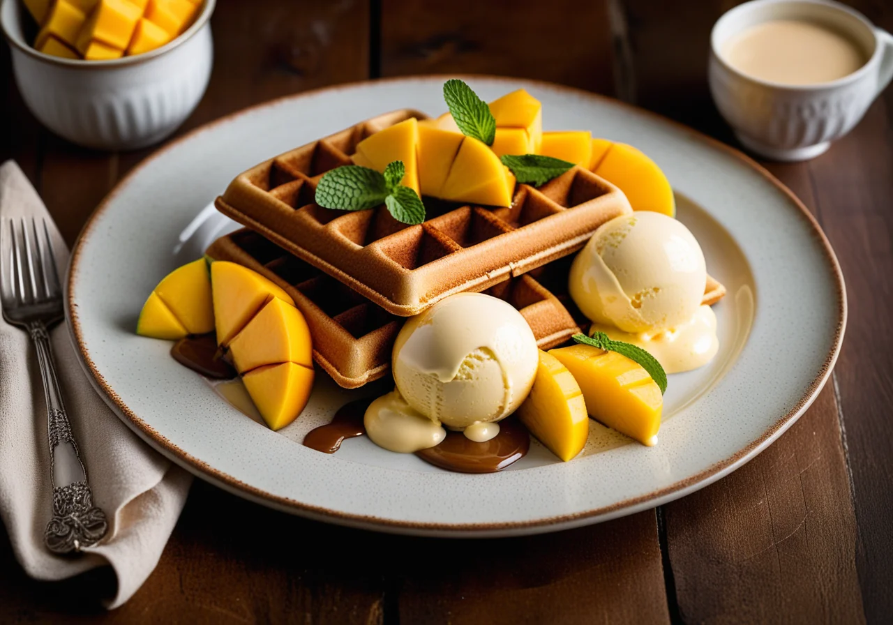 Waffles with Exotic Fruits and Caramel