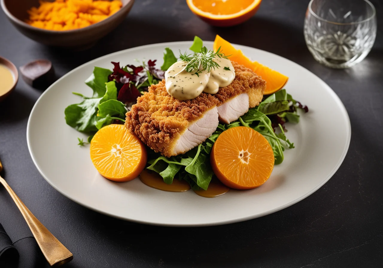 Pike Perch Fillet with Crispy Breaded Veal Head Crust and Pumpkin Vegetables