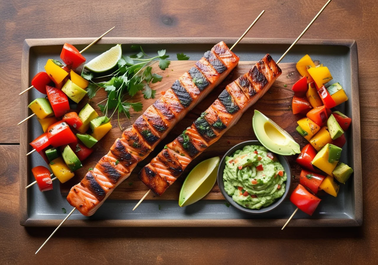 Vegetable Salmon Skewers with Avocado Cream in Mexican Style (Guacamole)