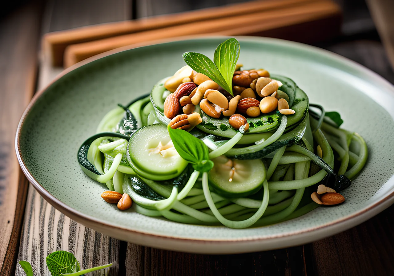 Cucumber Noodles with Spinach Peanut Sauce