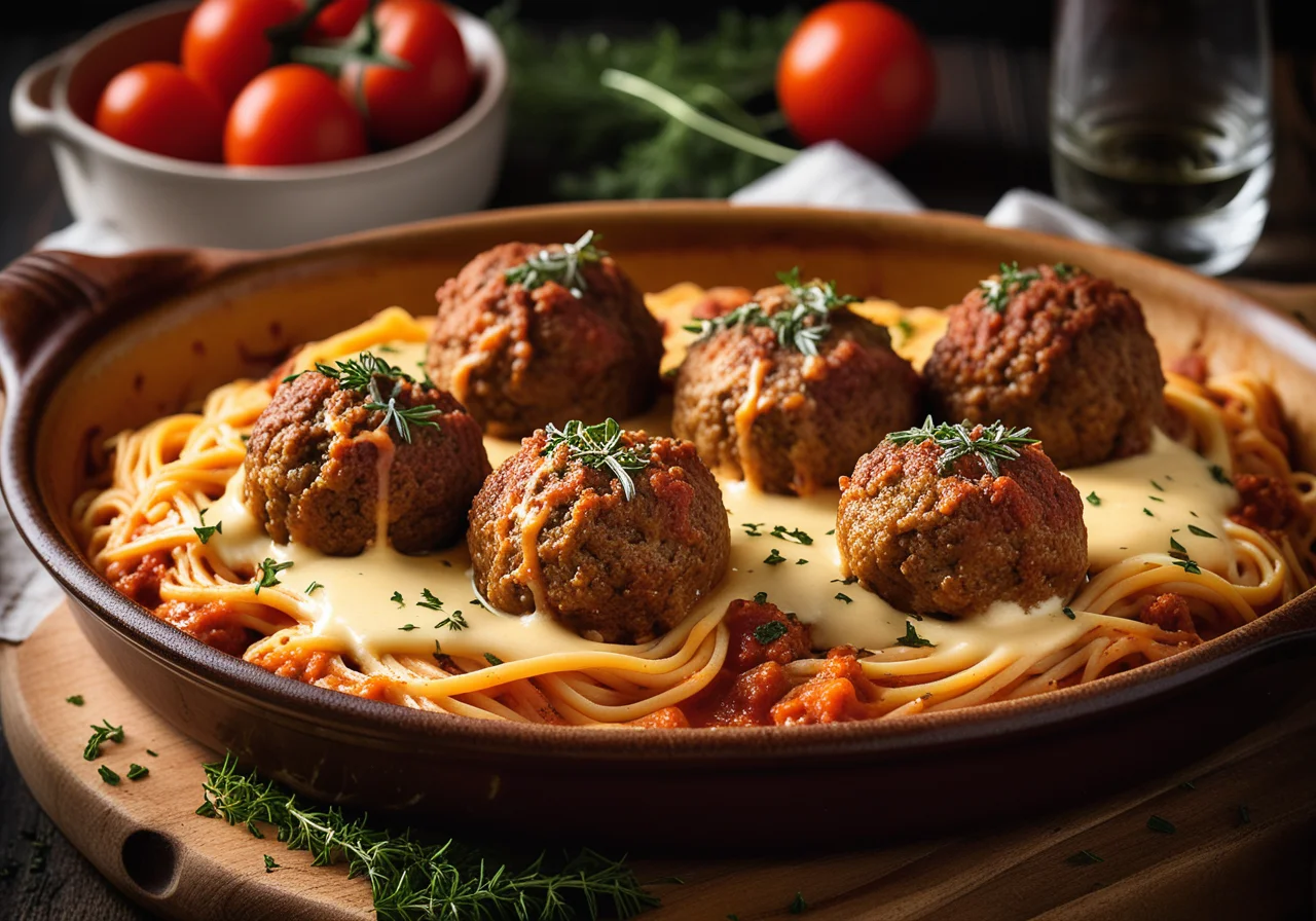 Spaghetti Gratin with Meatballs