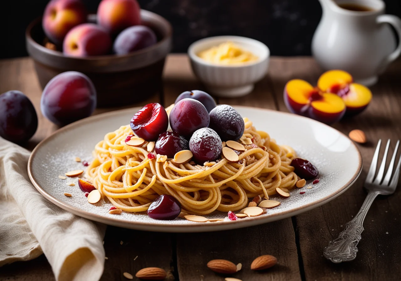 Potato Finger Noodles with Crunch and Plums