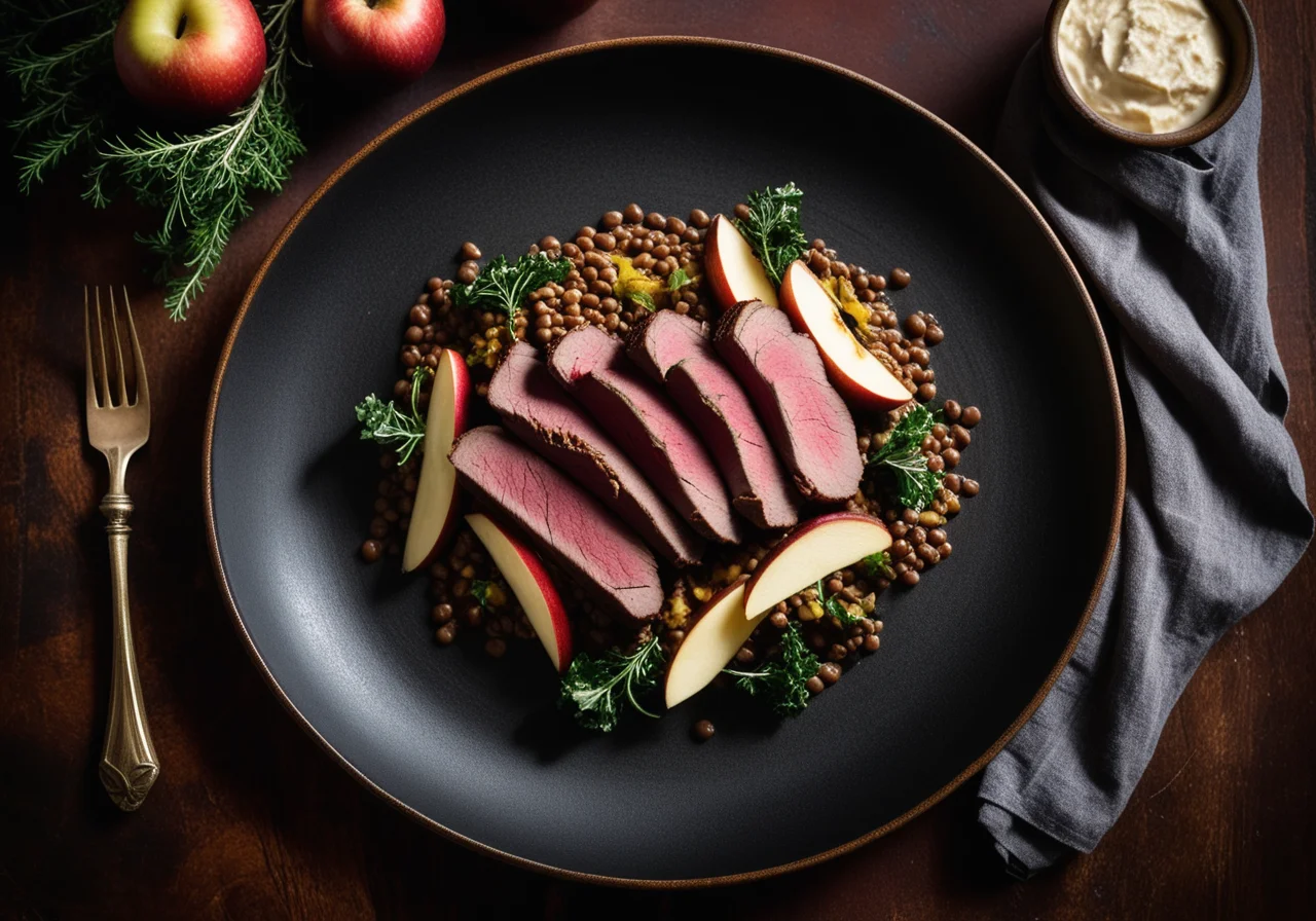 Horseradish Lentil Vegetable with Roasted Apple and Deer Fillet