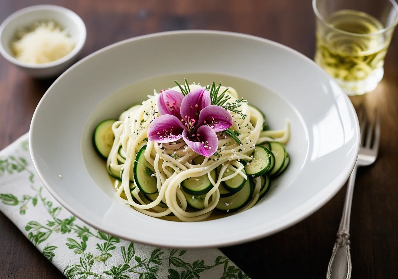 Bandnudeln mit Zucchini, Schnittlauch und rosa Pfeffer
