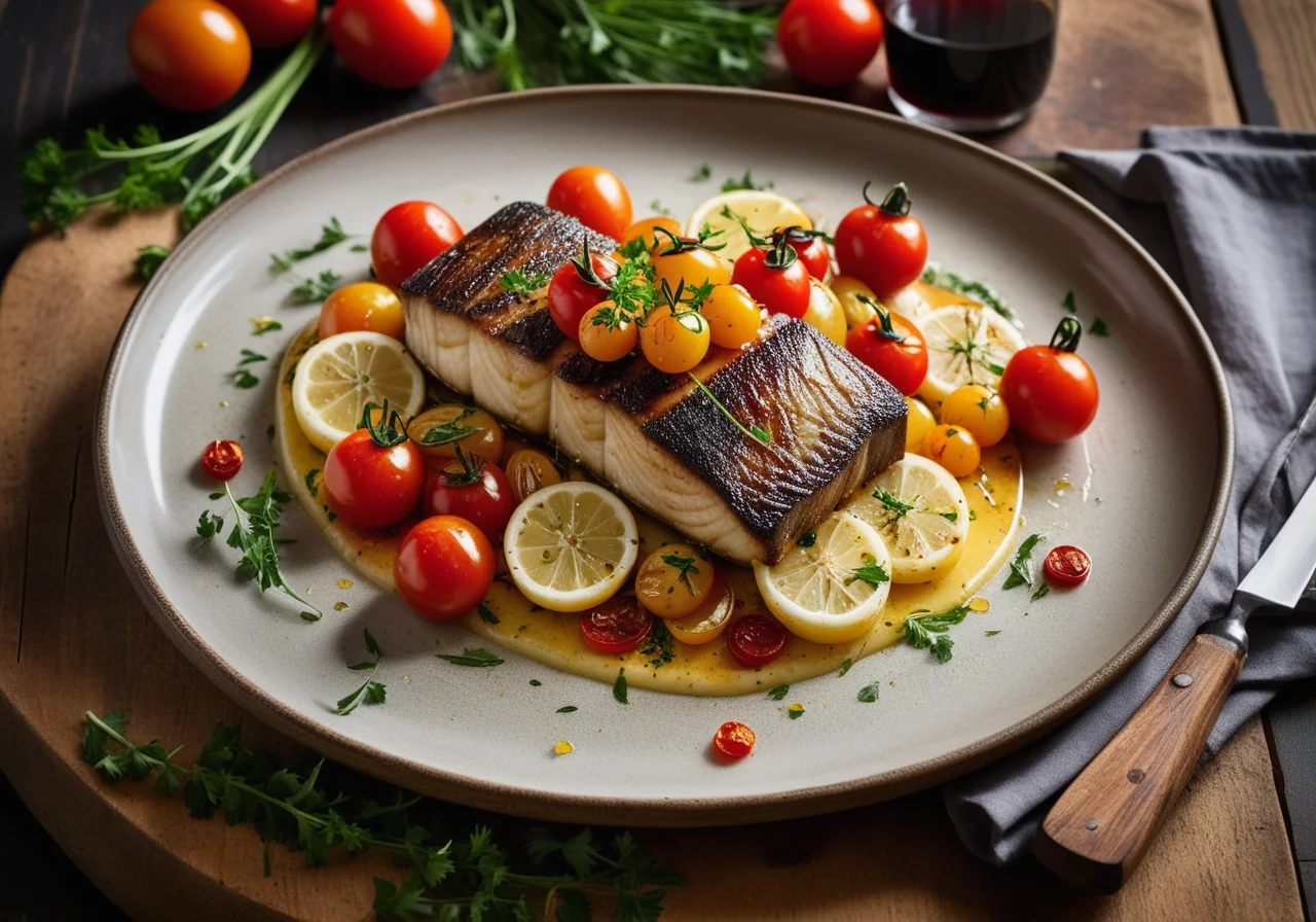 Sea bass with leeks and cherry tomatoes baked