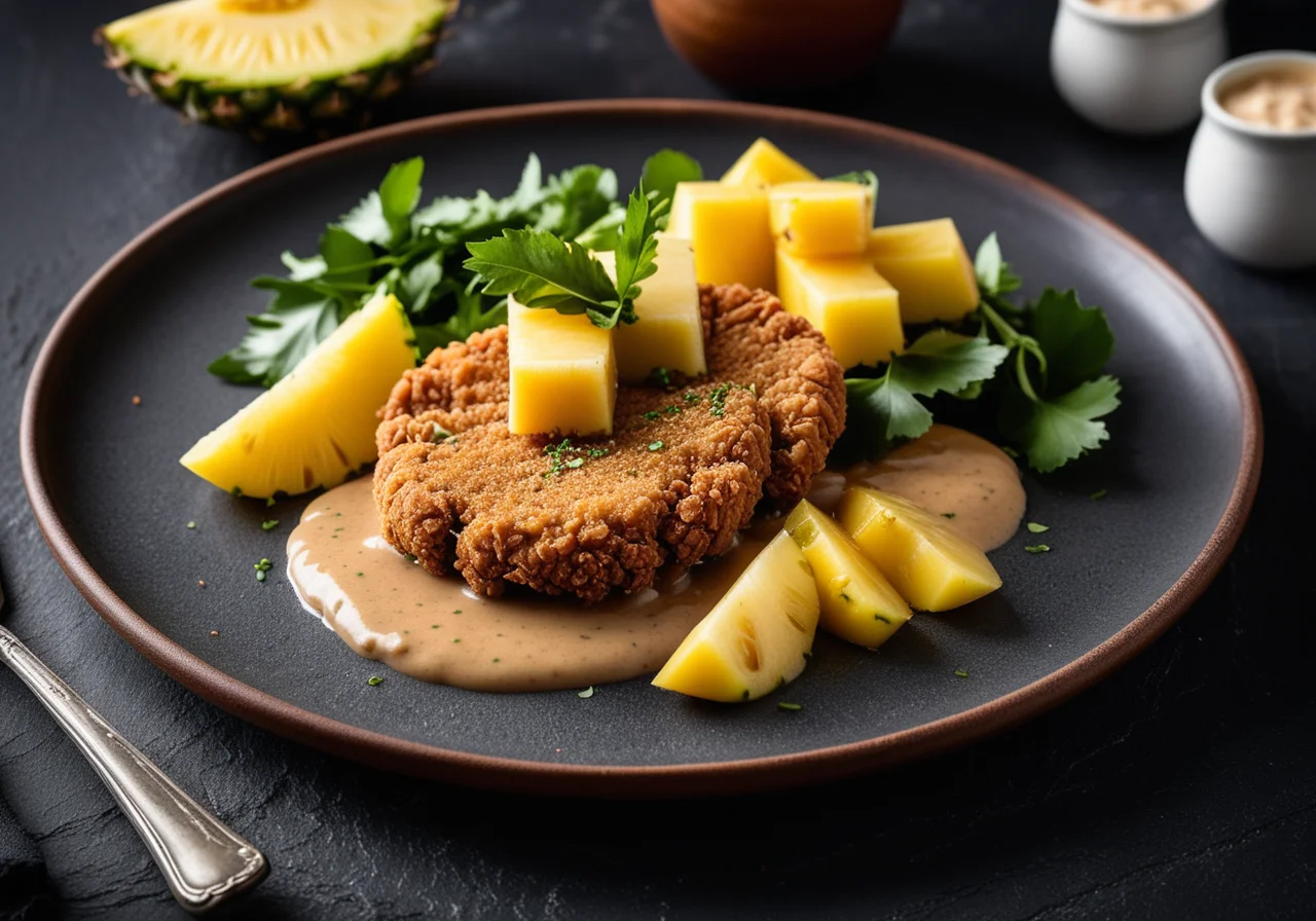 Fried Veal Schnitzel with Pineapple and Spicy Coconut Sauce