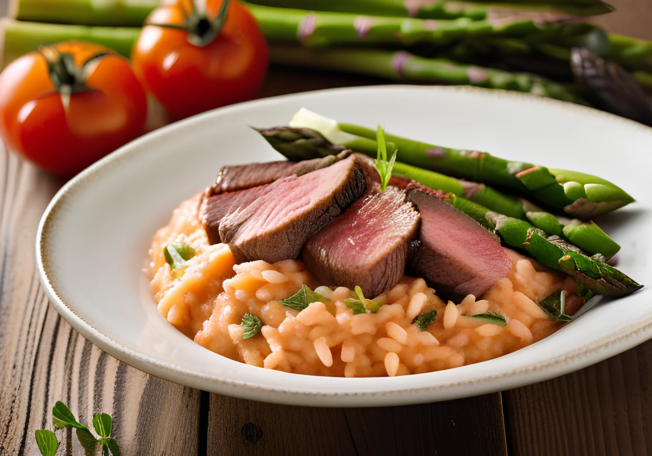 Fruitful Tomato Risotto with Asparagus and Beef Strips