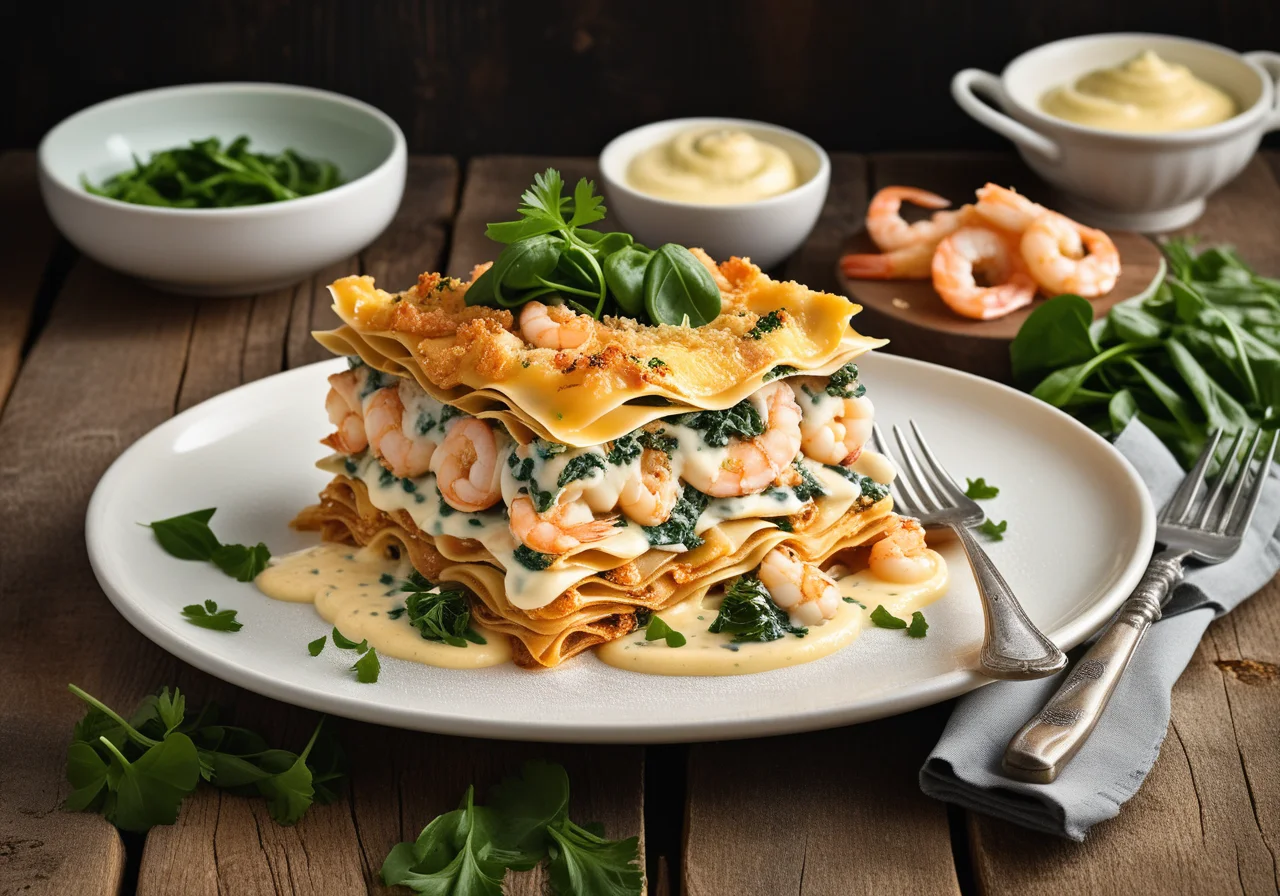 Lasagna with Shrimp, Calamari and Spinach