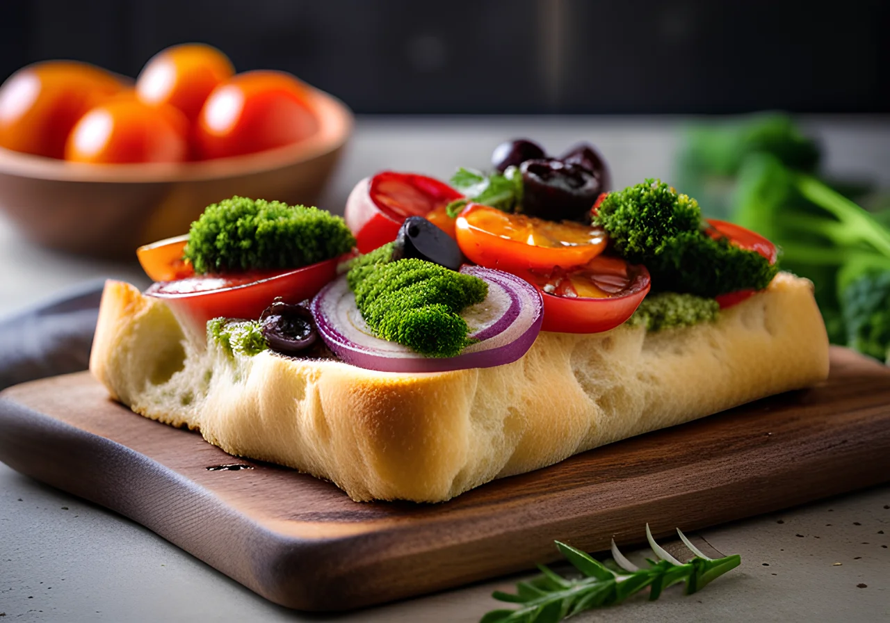 Vegetable Focaccia with Herbs and Broccoli Pesto