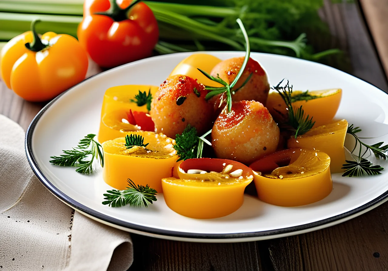 Paella Rice Balls Filled with Tomatoes on Mediterranean Vegetables