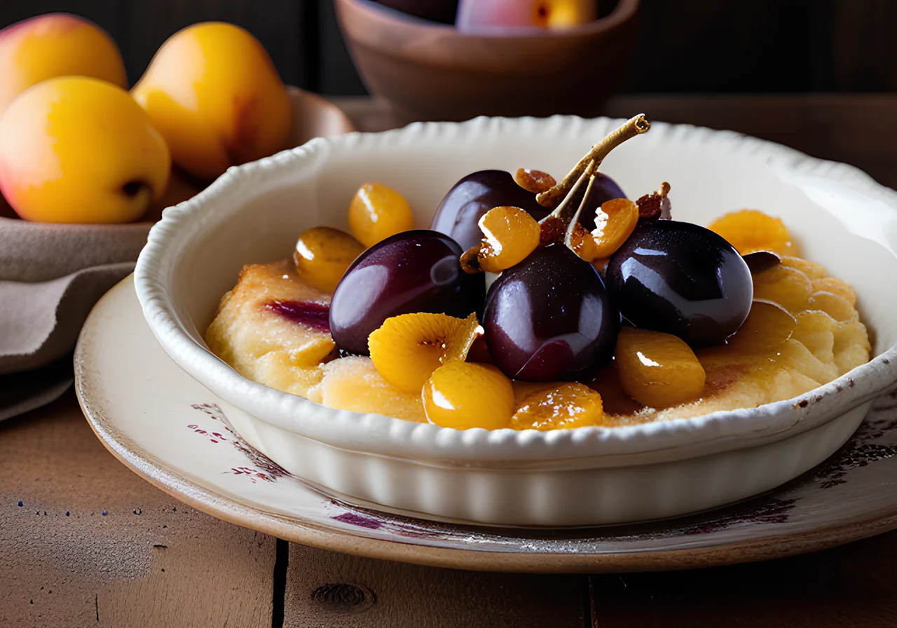 Mirabelle Gratin with Pears and Raisins