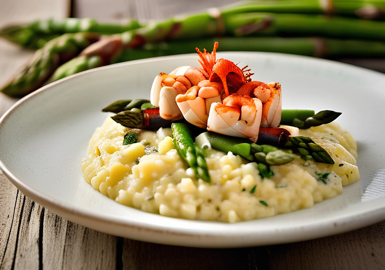 Asparagus Risotto with Lobster Meat and Parmesan Chips