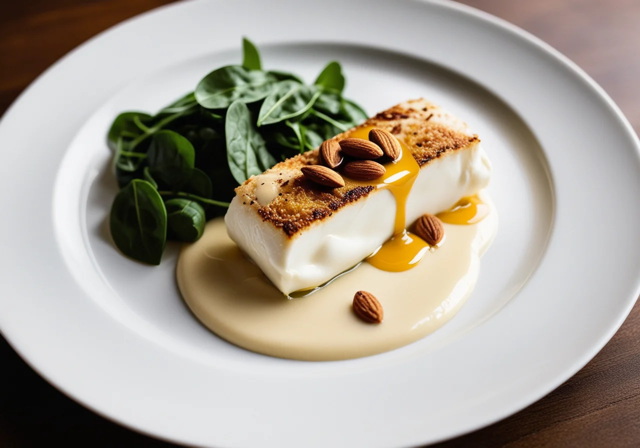 Poached Cod in Almond Milk with Baked Wan Tans