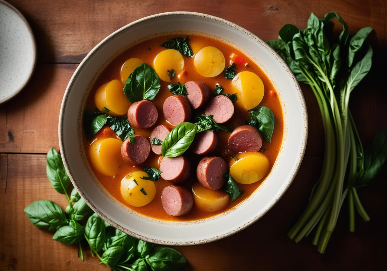 Potato Tomato Stew with Swiss Chard and Sausage