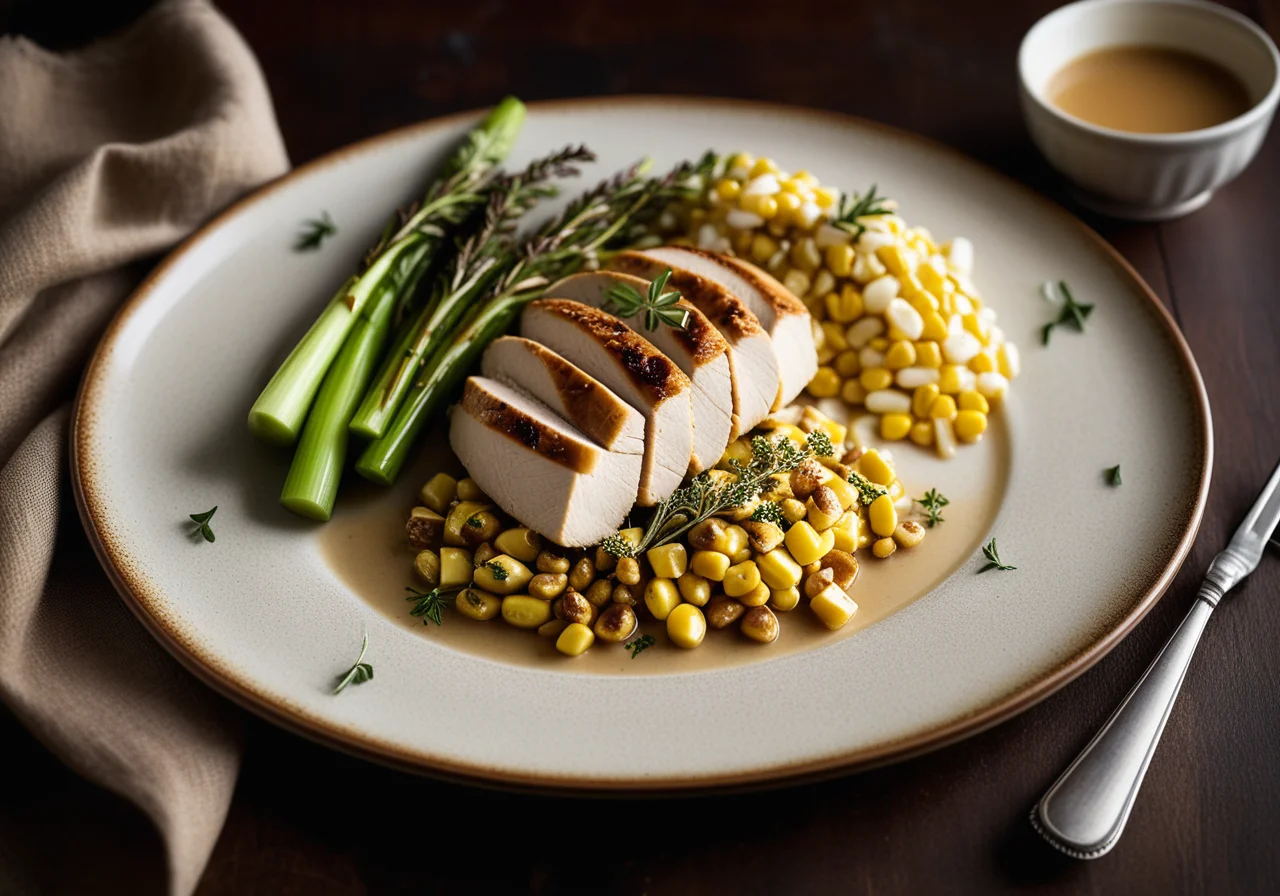 Pearl Chicken Breast with Oven Roasted Celery, Fresh Corn and Bay Leaf Jus