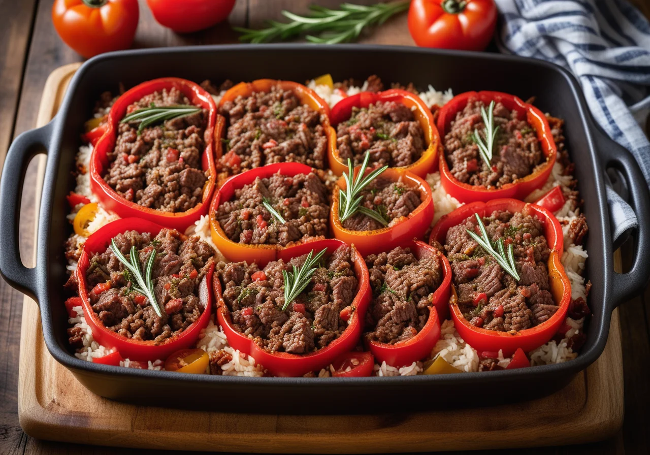 Ground Beef Rice Casserole with Marinated Peppers