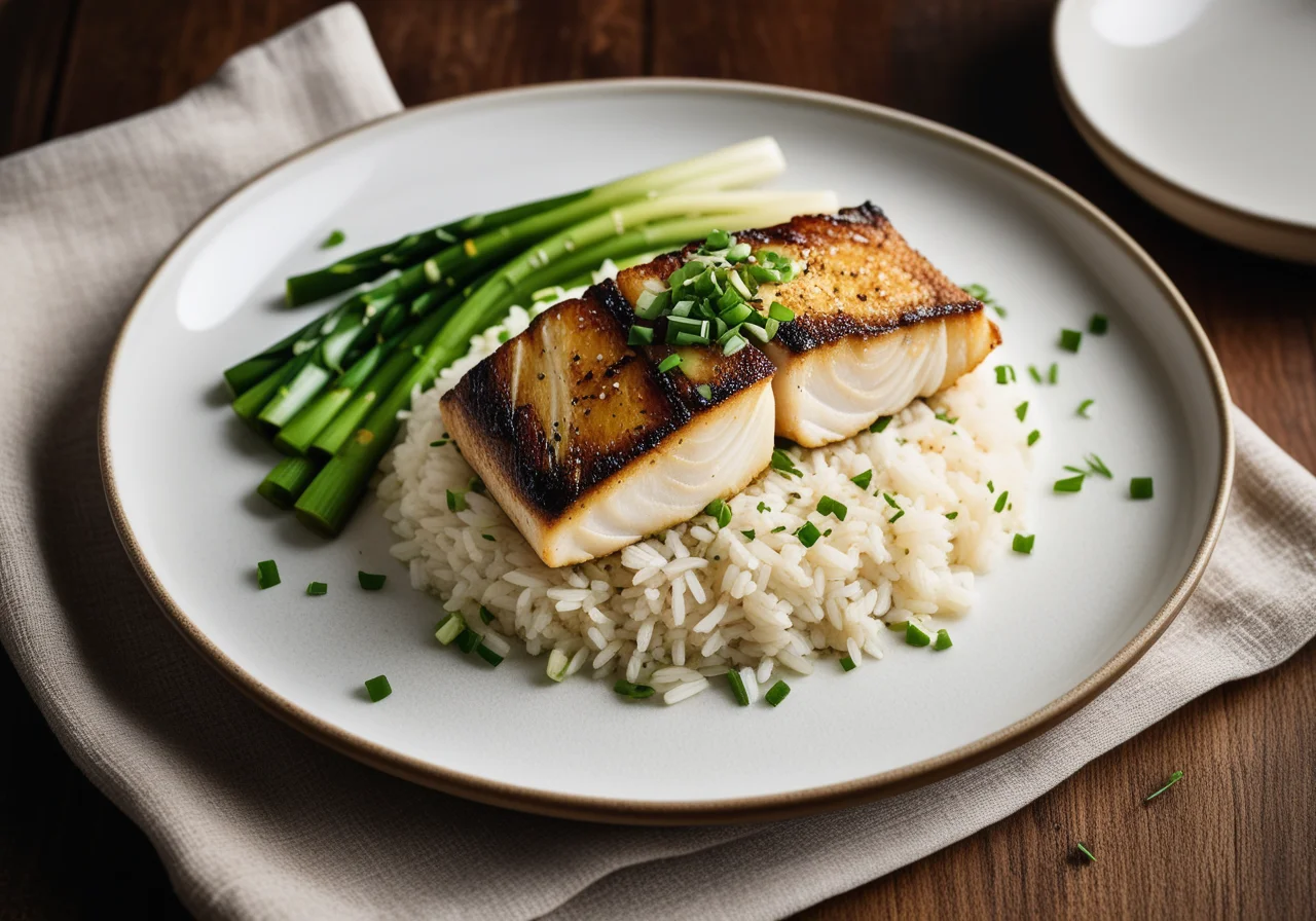 Sea bass with leeks and rice
