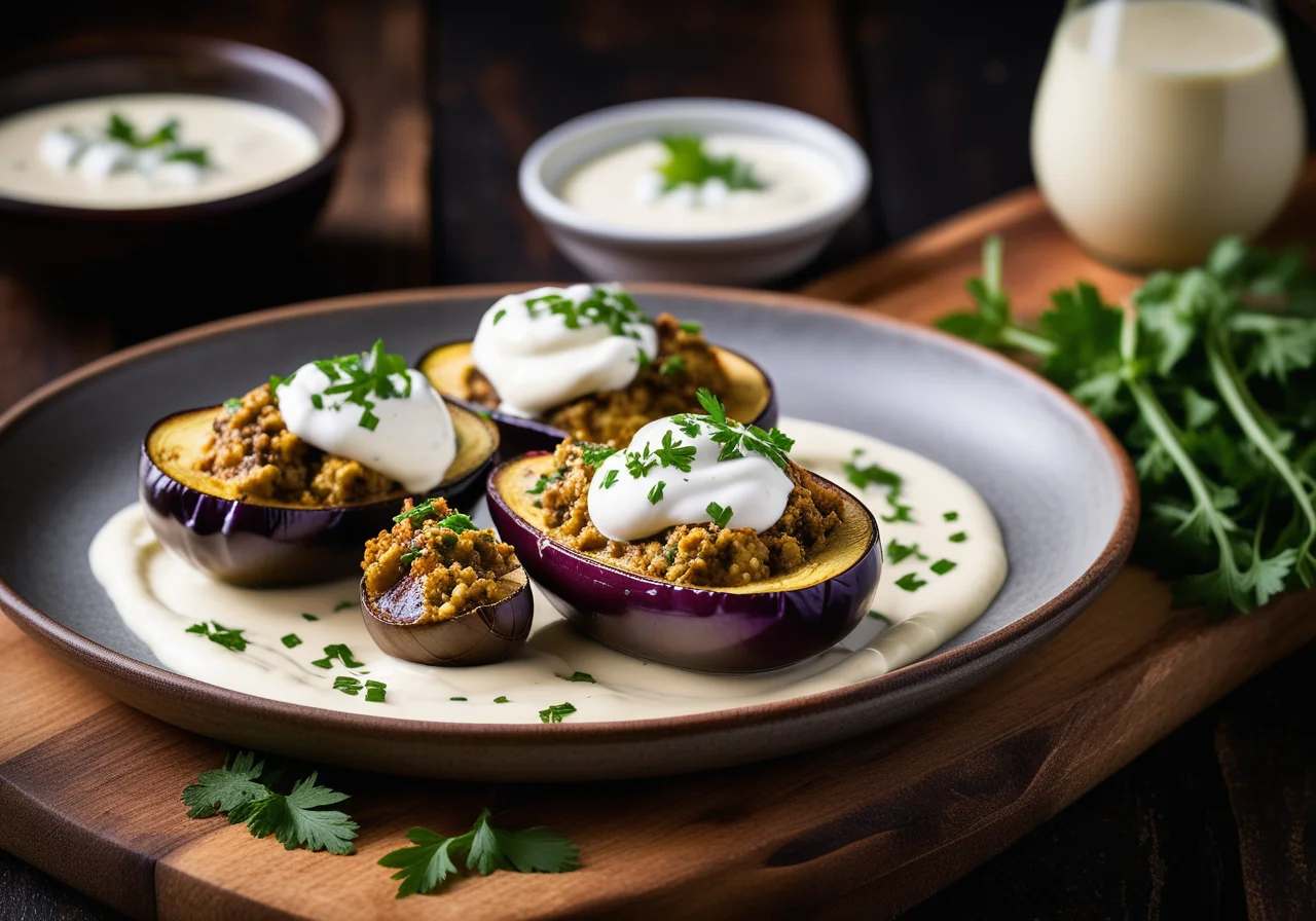 Stuffed Eggplants with Ground Beef and Yogurt Sauce