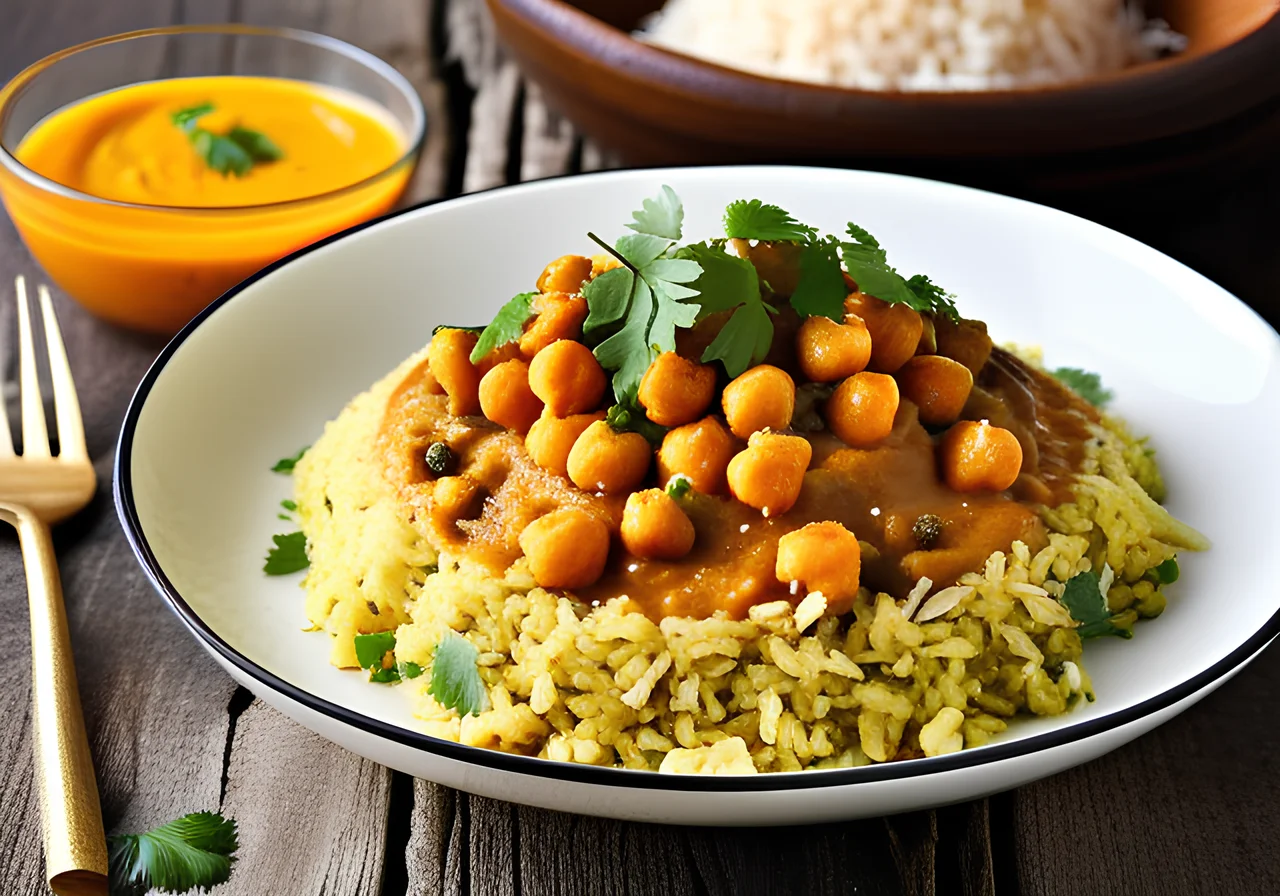 Chickpea Vegetable Coconut Curry with Coriander Turmeric Rice and Toasted Coconut Flakes