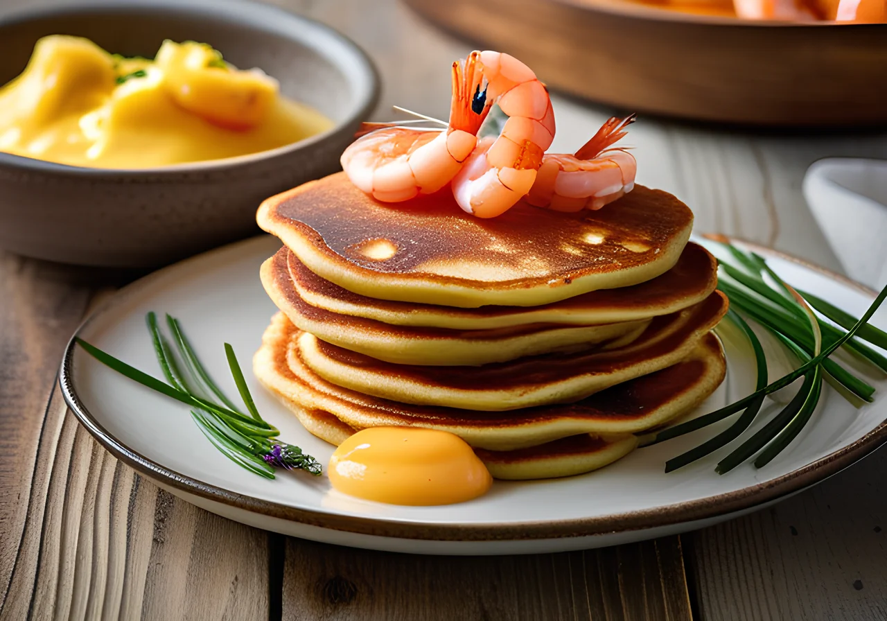 Pancakes with Shrimp and Saffron Mayonnaise