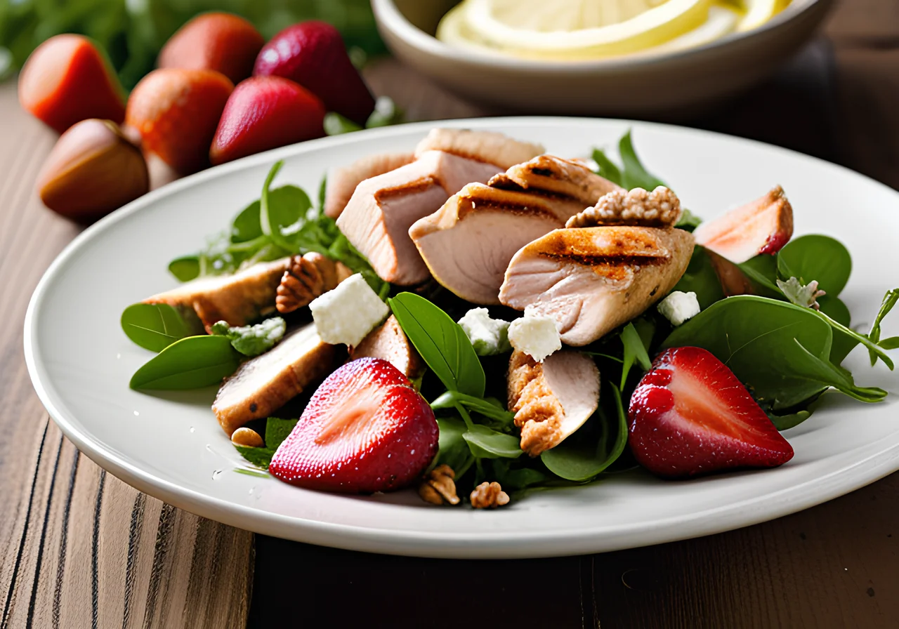 Arugula Salad with Strawberries, Sheep Cheese, Chicken and Walnut Kernels