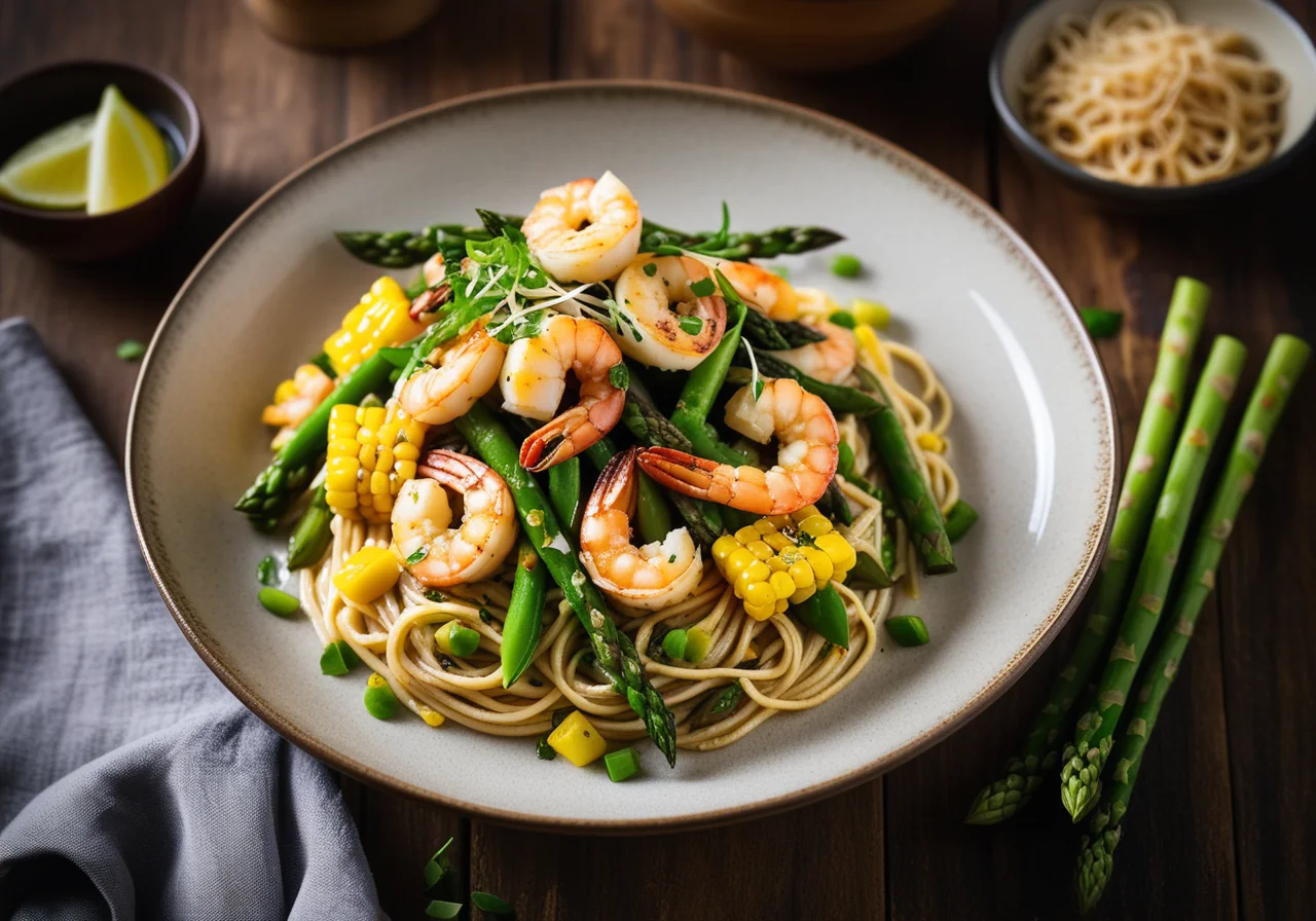 Pan‑fried Scampi with Vegetables and Noodles