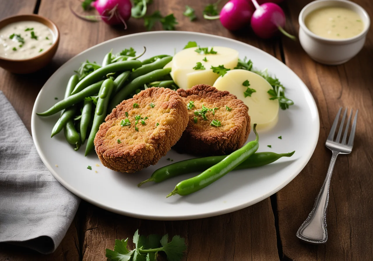 Breaded veal cutlets with bean salad and boiled potatoes
