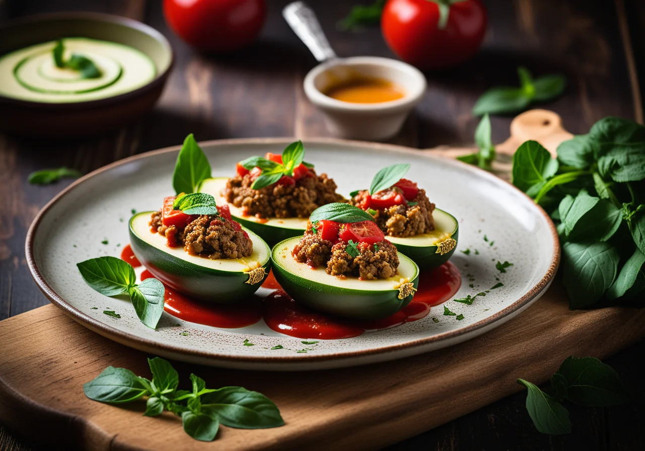 Stuffed zucchini with ground lamb and tomato sauce