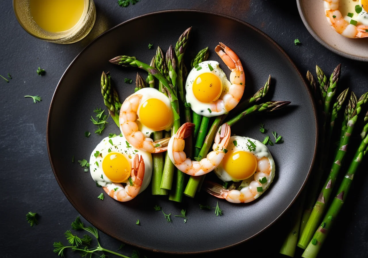 Baked Eggs with Shrimp and Asparagus