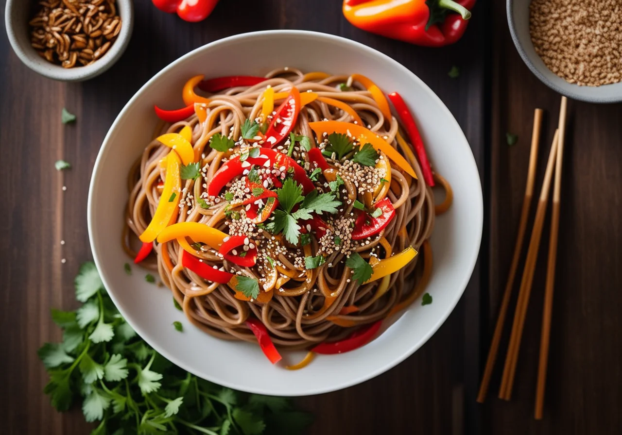 Japanese Buckwheat Noodles with Bell Pepper Cubes