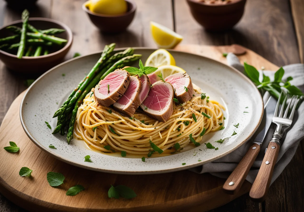 Nudeln mit gebratenem Thunfisch